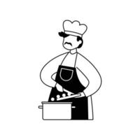 Vektorillustration eines männlichen Kochs, der Essen in einem Topf kocht. Gliederung vektor