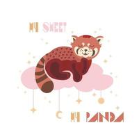 süßer roter panda mit rosa wolke und sternen und mond auf weißem hintergrund mit sternen. zeichentrickfigur für kinderposter, karten, wandkunst. Kindergarten-Vektor-Illustration. vektor