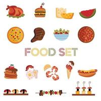 Lebensmittel-Set. Fast Food, Fleisch, Eis, Gemüse, Obst, Sushi. flache Vektorillustration auf weißem Hintergrund. cartoon-symbole für menülogos. vektor