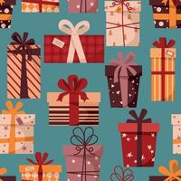 nahtloses muster für die feiertage, neujahr und weihnachten mit niedlichen geschenkboxen auf blauem hintergrund. babyhintergrund für stoff, verpackungspapier, textilien, verpackungen, tapeten und kleidung. vektor