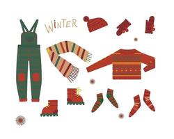 eine reihe warmer und farbenfroher kleidungs- und schuhelemente in der weihnachtsfarbpalette, um ein festliches und gemütliches design zu schaffen, das allen gut tut vektor