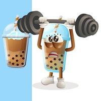 süßes bubble tea maskottchen bodybuilding mit langhantel vektor