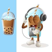 niedliches bubble tea-maskottchen, das musik auf einem smartphone mit einem kopfhörer hört vektor