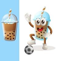 süßes bubble tea maskottchen spielen fußball, fußball vektor