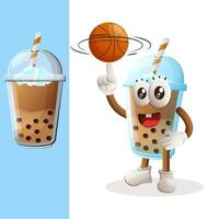söt bubbla te maskot spelar basketboll, freestyle med boll vektor