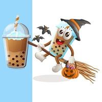 süße bubble tea maskottchen hexe mit halloween kürbis vektor