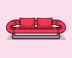 Modisches, komfortables, stilvolles Sofa aus rotem Stoff mit grauen Beinen auf rotem Hintergrund mit Schatten. rotes Interieur, Ausstellungsraum, Einzelmöbel. Vilyura, Samtsofa. Vorderansicht der Luxuscouch vektor