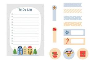 vinterplanerare klistermärken set och att göra-lista. handritad söta säsongsbetonade element. mall för anteckningsbok och brevpapper. vektor