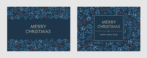 uppsättning av högtider hälsning kort med blommig ramar och jul prydnad. vinter- kvistar mönster i blå färger vektor