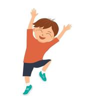 Vektor lächelnder Junge, der vor Freude und Glück mit erhobenen Händen springt. freudiger, erfreuter, glücklicher Kindercharakter. urkomisches Kinderbild für Kinderdesign. flache lustige illustration der guten laune