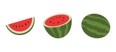Wassermelonen-Icon-Set. geschnittene Wassermelone, ganze Wassermelone. geeignet für das thema obst, lebensmittel, saft, pflanzen, gesundheit, natur usw., flacher vektorstil. vektor