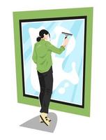 Rückansicht Illustration einer Frau, die Fensterglas mit Wischer putzt. geeignet für das thema sauberkeit, zuhause, gesundheit, mutterschaft, hausarbeit usw. flacher vektorstil vektor