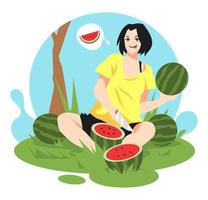 Illustration eines jungen Teenager-Mädchens mit kurzen Haaren, das Wassermelone mit Messer schneidet. glücklicher Ausdruck. Sitzposition. Naturhintergrund, Grasbaum. Obst-Symbol. thema obst, gesund, essen. flacher Vektor