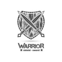 Grunge-Stil-Schild und gekreuztes Schwert-Symbol, Krieger-Emblem-Logo, Silhouetten-Illustrationsvektor vektor