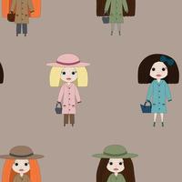 söt liten flickor klädd för annorlunda säsonger på en brun bakgrund. flickaktiga bakgrund perfekt för liten flicka design vektor