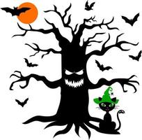 stor träd med ögon, mun. full måne och fladdermöss. katt. halloween. svart silhuett. vektor