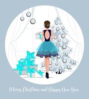 en flicka med en frisyr i en frodig klänning dekorerar en jul träd. jul hälsning kort. vektor illustration.