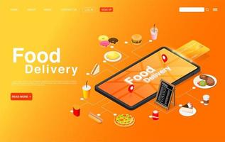 isometrisk beställning av mat online på mobil målsida vektor