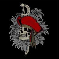 Piraten Schädel und Schwert auf Blumen und Blättern vektor
