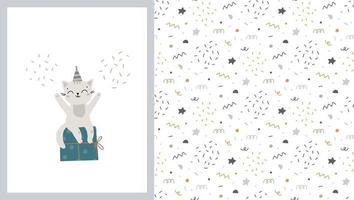 sömlös mönster och kort med söt liten katt med gåva låda och ballong. barns illustration. vektor