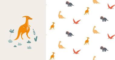 sömlös mönster och kort med söt dinosaurier. förhistorisk epok. barns illustration. vektor