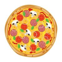 färsk pizza med tomater, ost, svamp, korv, lök, basilika. traditionell italiensk snabb mat. topp se mat. europeisk mellanmål. isolerat vit bakgrund. eps10 vektor illustration.