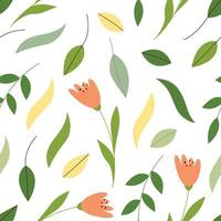 botanisches nahtloses Muster auf einem weißen Hintergrund mit pfirsichfarbenen Blumen und Laub. frisch und hell. perfekt für Kleidungsdesign, Textilien, Tapeten, Notizbücher vektor