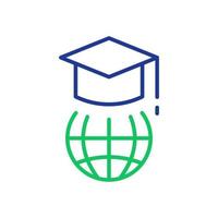 Bildung in der globalen Welt lineares Symbol. Symbol für Abschlusskappe und Online-Bildungslinie. Abschlusshut auf dem Globus. Piktogramm für Studentenkappen. editierbarer Strich. Vektor-Illustration. vektor