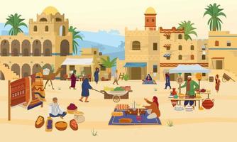 vektorillustration der nahöstlichen szene. Arabische Wüstenlandschaft mit traditionellen Lehmziegelhäusern und Menschen. Teppiche, Keramik, Früchte, Gewürze. islamische Architektur. vektor
