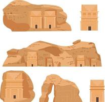 hegra saudi arabien gammal by vektor illustrationer uppsättning. alula, mada'in saleh, elefant sten, qasr al-farid, gravar.