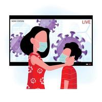 mamma och son bär masker medan de tittar på virusnyheter vektor