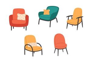 Sammlung moderner Sessel mit dekorativen Kissen. gemütliche moderne komfortable Möbel im Hygge-Stil. vektor