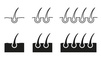 Haarzwiebellinie und Silhouette-Icon-Set. Symbol für Haartransplantation und Glühbirne für Wissenschaft oder Dermatologie. Struktur des Follikelsymbols von Mann oder Frau. editierbarer Strich. isolierte Vektorillustration. vektor