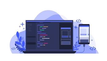 mobile entwicklungsprogrammierung auf laptop-monitor mit smartphone zum debuggen von flachen vektorillustrationen vektor