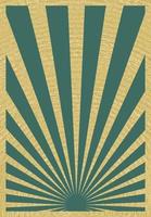 Vintage grüne und goldene Sunburst Stripes Poster Vorlage mit Strahlen unten zentriert, Feiertagshintergrund. Retro-inspirierte Grunge-Sonne platzt, vertikale Kunstwerke vektor