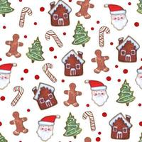 Aquarell Weihnachten Musterdesign Hand gezeichnet mit Lebkuchen - Weihnachtsmann, Süßigkeiten, Haus, Weihnachtsbaum vektor