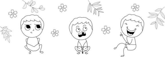söt illustration uppsättning av pojke, Sammanträde skrattande, orolig vektor