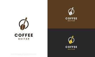 musiker Kafé logotyp design. kaffe böna kombinera med gitarr nacke logotyp vektor