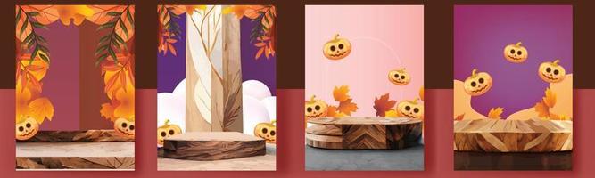 podium bühne herbst halloween saison papierkunst bunt für show banner verkauf vektor illustation kürbis