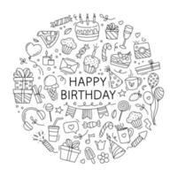 alles Gute zum Geburtstag Doodle-Set. hand gezeichnete vektorillustration lokalisiert auf weißem hintergrund. vektor