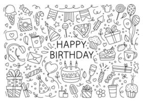 alles Gute zum Geburtstag Doodle-Set. hand gezeichnete vektorillustration lokalisiert auf weißem hintergrund. vektor