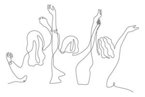 lineare Zeichnungsgruppe von Frauen. Hände hoch. Gruppe von Applaus-Leuten, durchgehende einzeilige Vektordarstellung. leute, die beim konzert stehen, sich treffen. konzept des glücklichen publikums. vektor