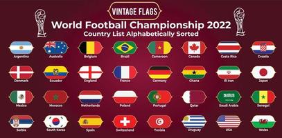 årgång flaggor av Allt deltar länder av fotboll värld kamratskap 2022 vektor