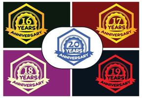 16 till 20 år årsdag logotyp och klistermärke design bunt vektor