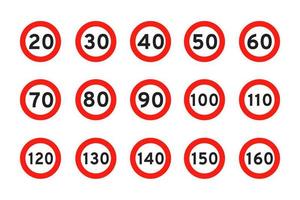 Geschwindigkeitsbegrenzung 120, 110, 20, 30, 40, 50, 60, 70, 80, 90, 100, rundes Straßenverkehr-Symbolzeichen flache Designvektorillustration. vektor