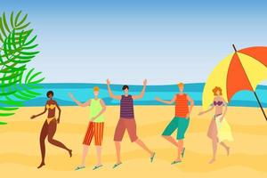 platt vektor illustration.glad ung människor stå på de strand och njut av de sommar.koncept av hav, strand, semester och sommar.