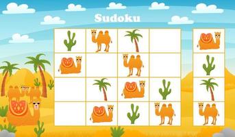 Sudoku-Brettspiel für Kinder mit Cartoon-Kamel und Kaktus in der Wüste. Rätsel mit afrikanischen Tierfiguren vektor