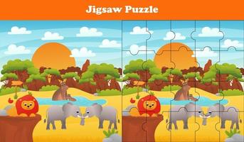 karikaturvektorillustration des pädagogischen puzzlespiels für vorschulkinder mit lustigem löwen, elefanten vektor