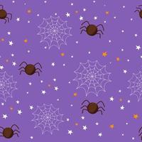 halloween söt Spindel på spindelnät sömlös mönster, Semester barn design i tecknad serie stil. silhuett dekorerad med stjärnor, enkel. vektor illustration