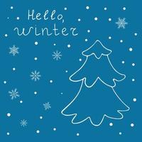vektor teckning av en jul träd och snöflingor på en blå bakgrund i de klotter stil. Hej vinter.
